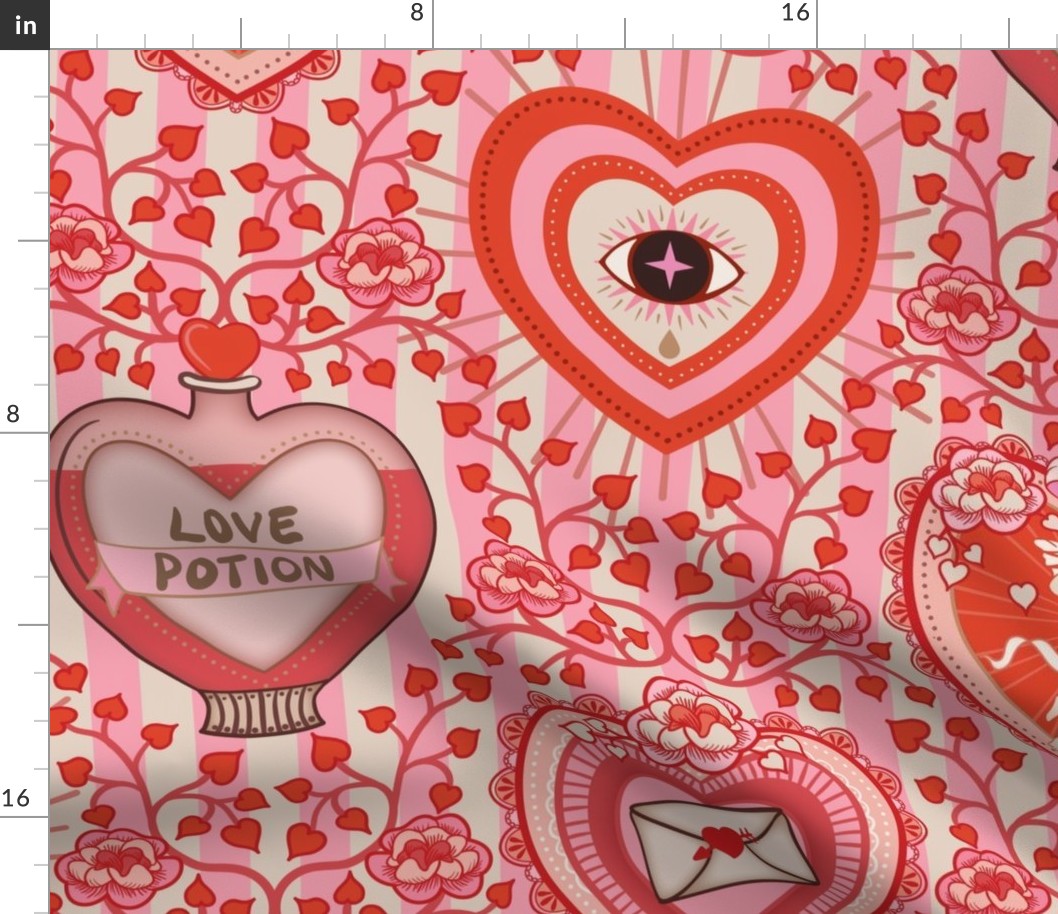 Lovecore - Kitsch Valentine's Hearts, Love Potion and Cupid, vintage stripes - red and pink- large