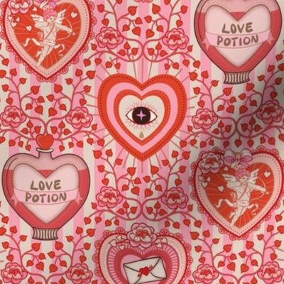 Lovecore - Kitsch Valentine's Hearts, Love Potion and Cupid, vintage stripes - red and pink- small