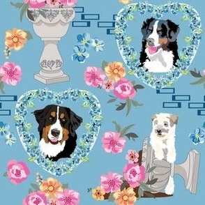 medium size // Bernese Mt. Dogs Blue Forget me not flowers and flower pots 