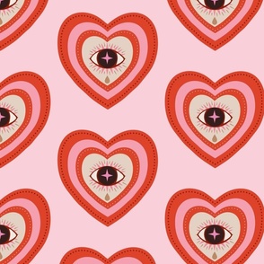 Hearts and eyes with teardrops - crying eye in concentric hearts - orange-red and pink, pastel, lovecore - large