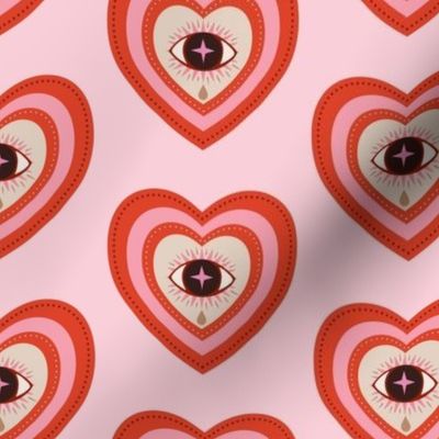 Hearts and eyes with teardrops - crying eye in concentric hearts - orange-red and pink, pastel, lovecore - medium