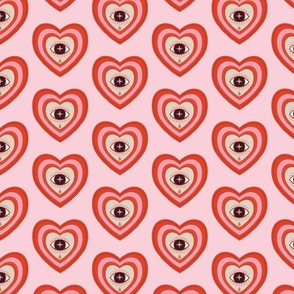 Hearts and eyes with teardrops - crying eye in concentric hearts - orange-red and pink, pastel, lovecore - medium