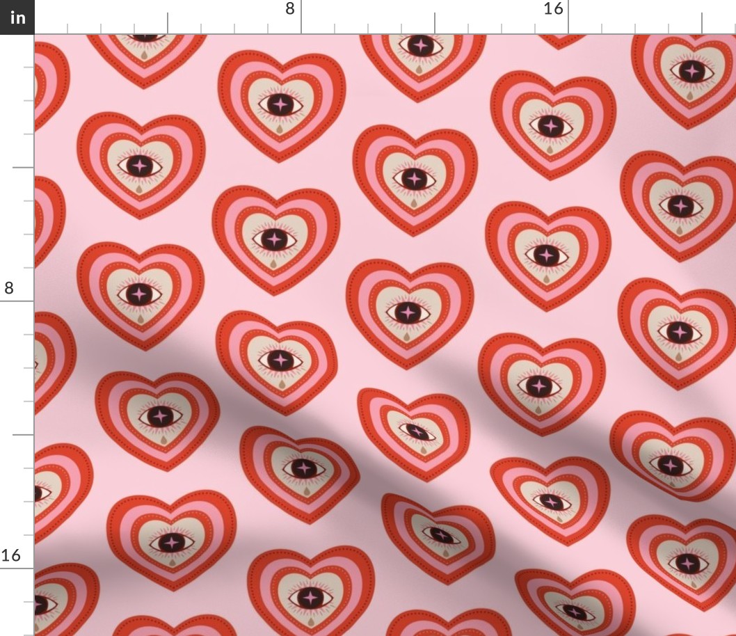 Hearts and eyes with teardrops - crying eye in concentric hearts - orange-red and pink, pastel, lovecore - medium