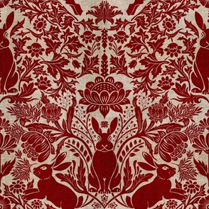 Modern damask year of the rabbit/inverted colors/deep red/maroon/