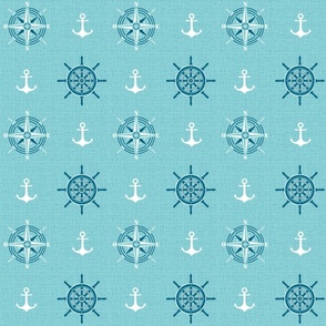 Anchors and compass roses on light blue