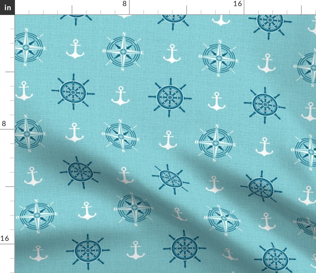 Anchors and compass roses on light blue