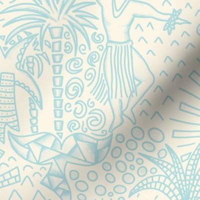 Hawaiian Hula Dancers Toile Light Blue