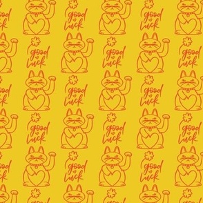 SMALL - Good Luck Chinese Lucky Cat, red lettering and outlines on Mustard Yellow