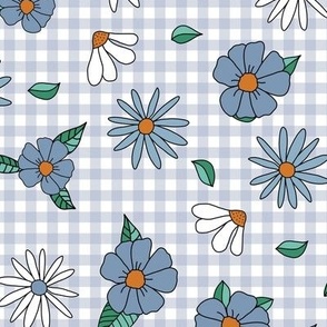 Daisy Gingham in Blue 70s Vintage Retro Spring Floral