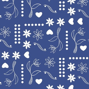 Block Print Stamped Blue and White Folk-Art Hearts and Flowers 