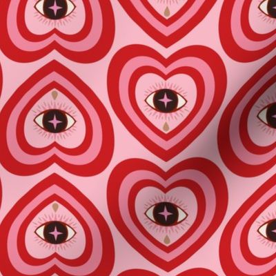 Cherry red and pink retro hearts and eyes with teardrops - crying eye in concentric hearts - pastel, lovecore, bidirectional - medium