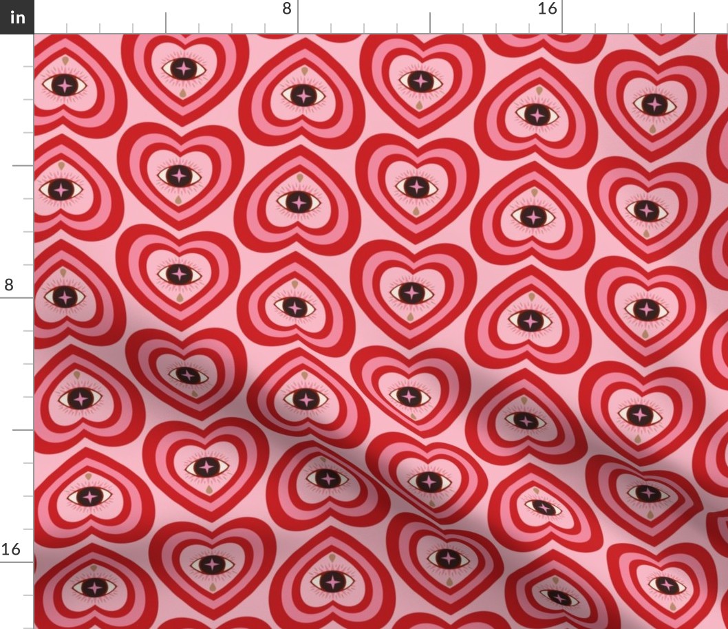 Cherry red and pink retro hearts and eyes with teardrops - crying eye in concentric hearts - pastel, lovecore, bidirectional - medium