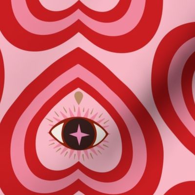 Cherry red and pink retro hearts and eyes with teardrops - crying eye in concentric hearts - pastel, lovecore, bidirectional - large