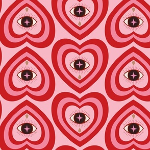 Cherry red and pink retro hearts and eyes with teardrops - crying eye in concentric hearts - pastel, lovecore, bidirectional - large