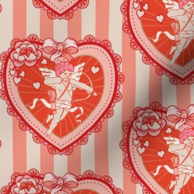 Lovecore cupid/cherub in kitsch Valentine's hearts on vintage orange and cream stripes - - orange-red, pink - medium