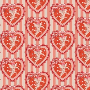 Lovecore cupid/cherub in kitsch Valentine's hearts on vintage orange and cream stripes - - orange-red, pink - medium