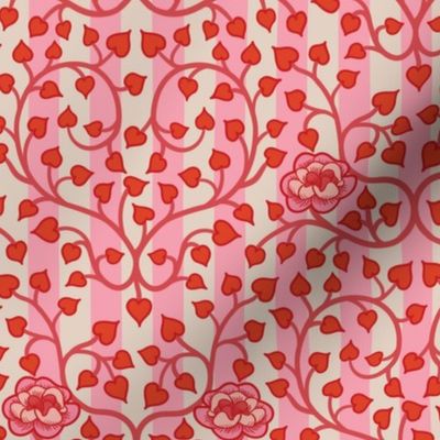 Lovecore Vines - Kitsch Valentine's hearts, floral and vintage stripes - red and pink- medium