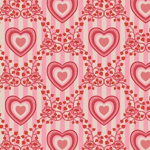 Vintage Lovecore Valentine floral - Vines and kitsch hearts on pink and cream stripes - red and pink- medium