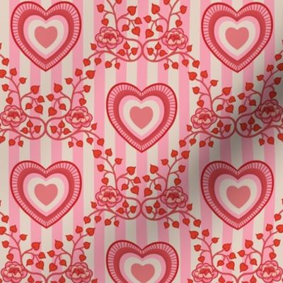 Vintage Lovecore Valentine floral - Vines and kitsch hearts on pink and cream stripes - red and pink- small