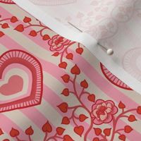 Vintage Lovecore Valentine floral - Vines and kitsch hearts on pink and cream stripes - red and pink- small