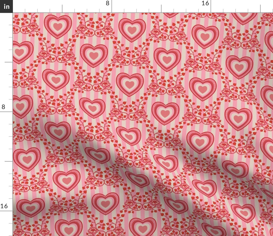 Vintage Lovecore Valentine floral - Vines and kitsch hearts on pink and cream stripes - red and pink- small