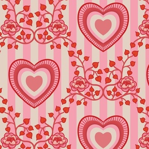 Vintage Lovecore Valentine floral - Vines and kitsch hearts on pink and cream stripes - red and pink- large