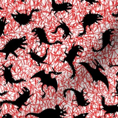 Chaos dinosaurs on red scribble