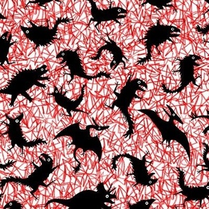 Chaos dinosaurs on red scribble