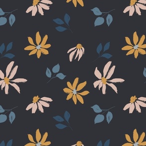 Scattered wildflowers dark blue, modern floral wallpaper, modern floral fabric,