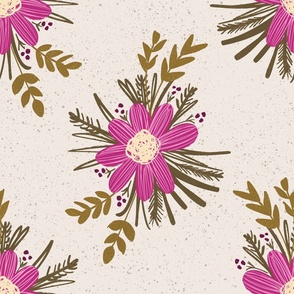 jumbo scale Cosmos flower in bouquet with leaves and berries - in mauve and wild grasses with speckled background: for duvet covers, bedroom curtains and soft furnishings