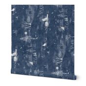 Winter Forest Toile - 90 degree rotated 'Railroad', White on Midnight Blue (xl scale) | Forest fabric, snow, nature, woodland trees, Christmas fabric, hand drawn wildlife: fox, moose and owl.