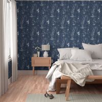 Winter Forest Toile - 90 degree rotated 'Railroad', White on Midnight Blue (xl scale) | Forest fabric, snow, nature, woodland trees, Christmas fabric, hand drawn wildlife: fox, moose and owl.