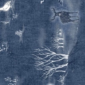Winter Forest Toile - 90 degree rotated 'Railroad', White on Midnight Blue (xl scale) | Forest fabric, snow, nature, woodland trees, Christmas fabric, hand drawn wildlife: fox, moose and owl.