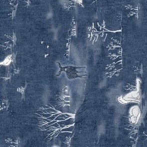 Winter Forest Toile - 90 degree rotated 'Railroad', White on Midnight Blue (large scale) | Forest fabric, snow, nature, woodland trees, Christmas fabric, hand drawn wildlife: fox, moose and owl.