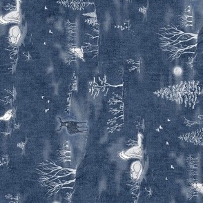 Winter Forest Toile - 90 degree rotated 'Railroad', White on Midnight Blue | Forest fabric, snow, nature, woodland trees, Christmas fabric, hand drawn wildlife: fox, moose and owl.