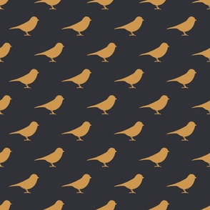 Little mustard birds on dark blue, bird fabric, home decor fabric, babywear fabric, childrens wear fabric