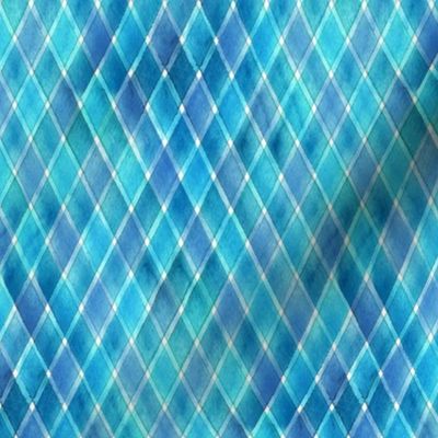 Watercolor diagonal teal blue striped gingham plaid seamless texture