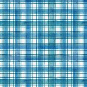 Watercolor teal blue stripes plaid on white background
