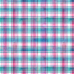 Watercolor teal blue and pink stripes plaid on white background