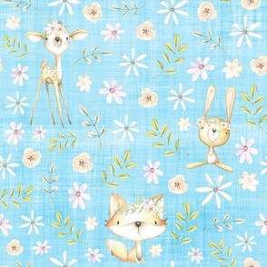 deer bunny fox blue linen