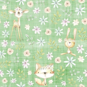 deer bunny fox green linen