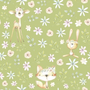 Woodland Fairy Tale - Mint Green Sweet Animals Fox Deer Rabbit owl