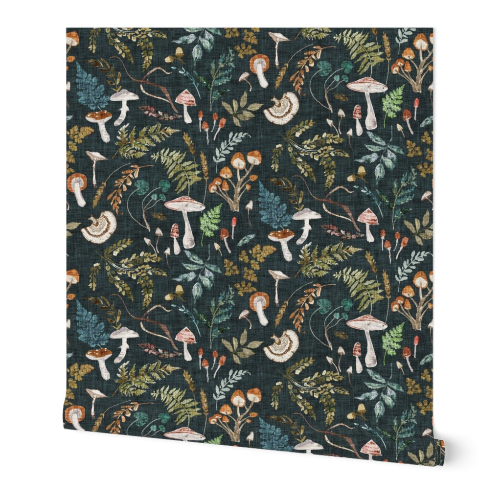 Mushroom Grove (midnight) MED / moody / vintage / woodland/ mushroom wallpaper