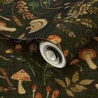 Mushroom Grove (midnight) MED / moody / vintage / woodland/ mushroom wallpaper