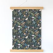 Mushroom Grove (midnight) MED / moody / vintage / woodland/ mushroom wallpaper