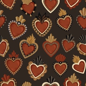 Vintage Mexican Sacred Hearts Pattern with Dark Background by Akbaly