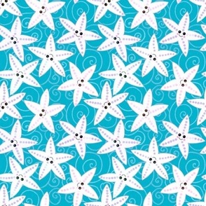 White kawaii starfish on teal spirals
