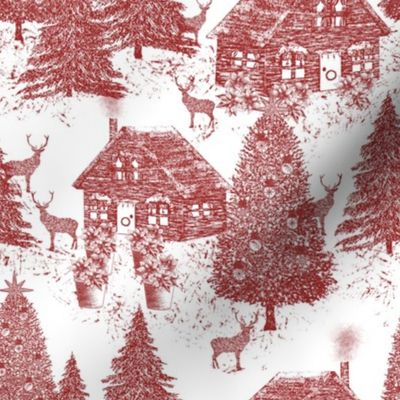 Christmas Village Toile.Red on White