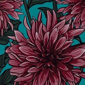 Dahlias- Pomegranate red on turquoise blue - large