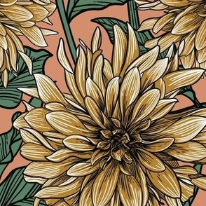 Dahlias - muted yellow on peach - large